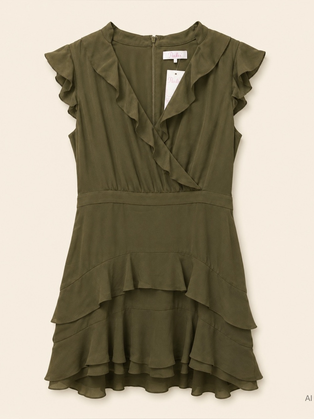 Parker Tangia 100% Silk Sleeveless Ruffle Dress Size 4 Moss Olive Green NWT $298 - Picture 2 of 7
